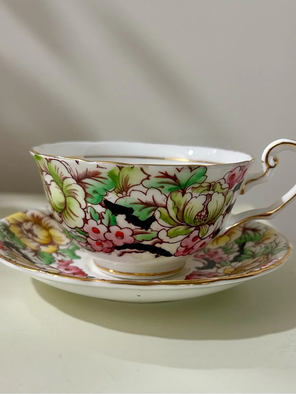 Victoria C&E Peony Gold-Trim Porcelain Teacup & Saucer Set